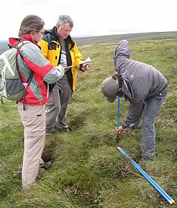 North Pennines AONB Partnership volunteers measuring peat depth