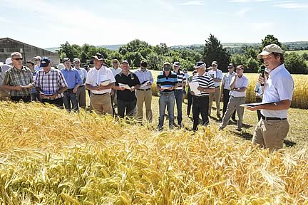Pictured at the Irish Seed Trade Association (ISTA) in conjunction with the Dept of Agriculture cereal trials open day are speaker Seamus Kearney, Department of Agriculture addressing members of the seed trade beside a crop of ripening winter barley